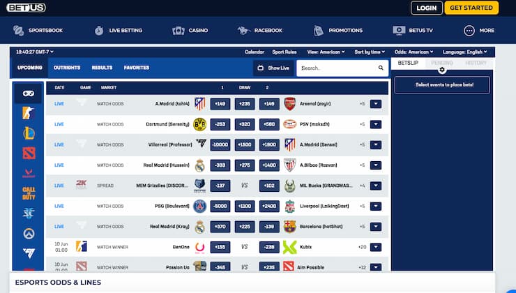 An image of the betting screen from BetUS, a popular online sportsbook for betting on esports.